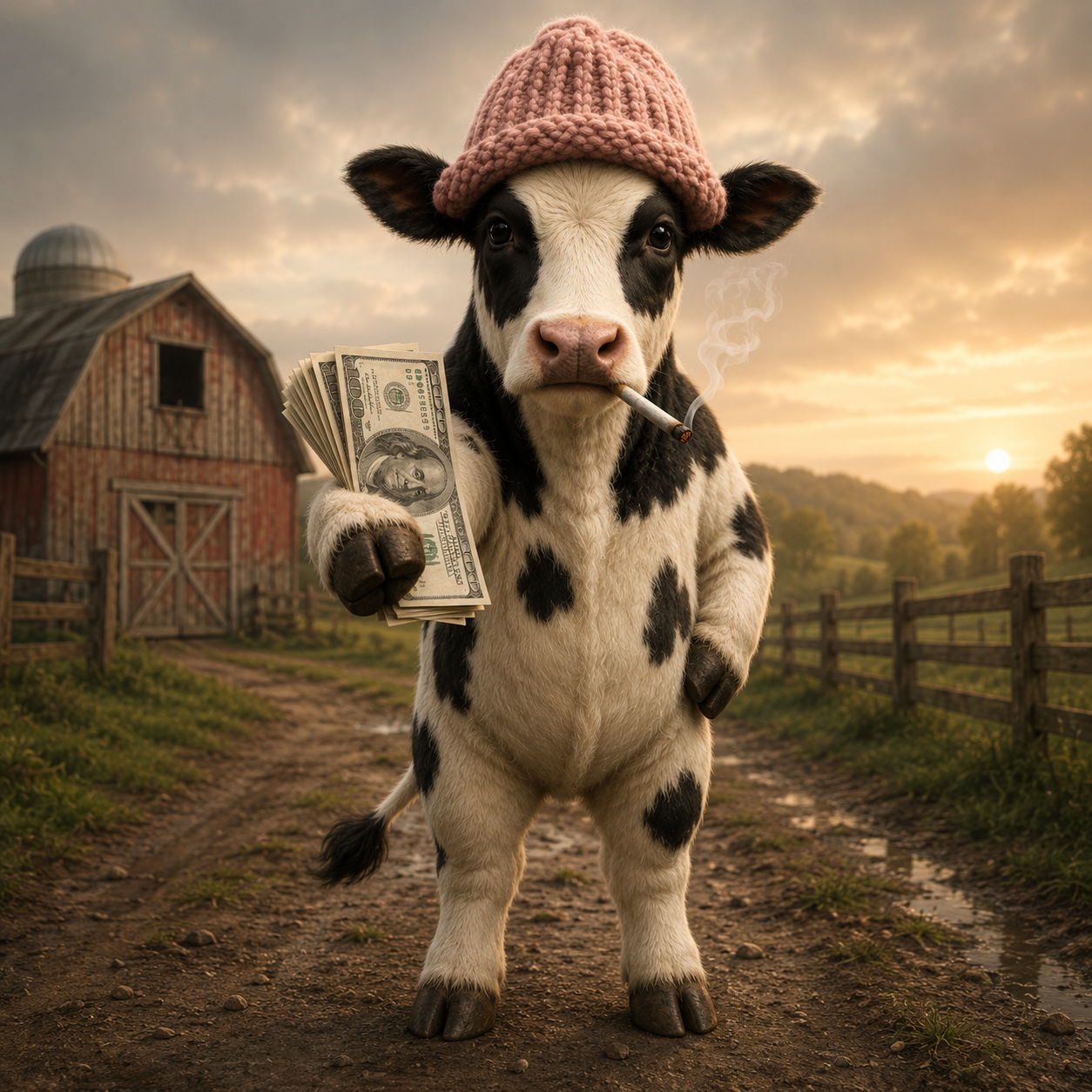 Cow Wif Hat holding cash